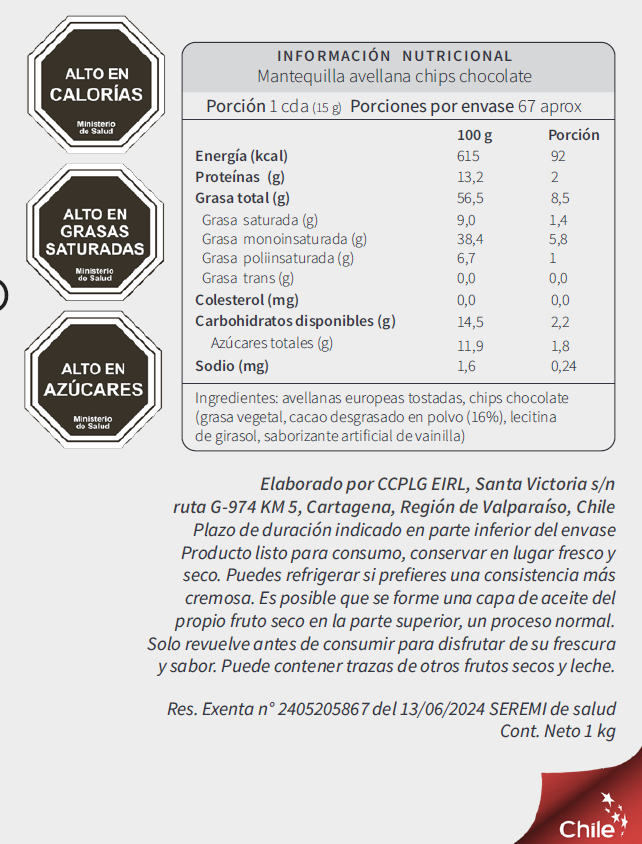 1 y 1 Mantequilla De Avellana Europea Natural y Con Chips de Chocolate 250g