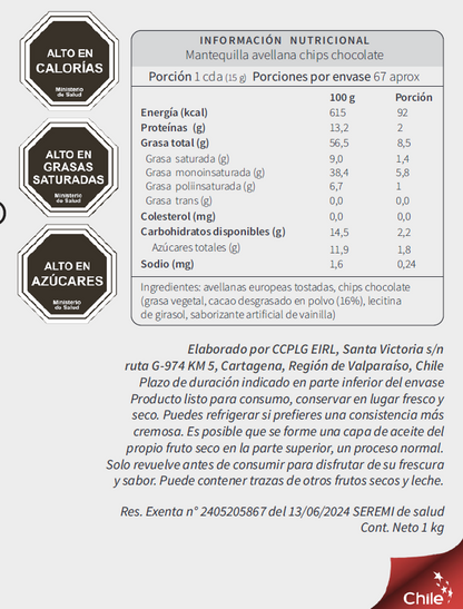 1 y 1  Mantequilla De Avellana Europea Natural y Con Chips de Chocolate 250g