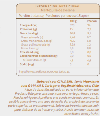 1 y 1  Mantequilla De Avellana Europea Natural y Con Chips de Chocolate 250g